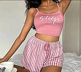 Жіноча рожева піжамка, сексуальна бавовняна піжама високі шорти та майка топ на бретельках S/M, фото 3