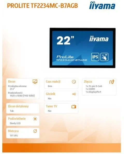 Проекційний екран (інтерактивна дошка) Iiyama wielkoformatowy 21.5 cala TF2234MC-B7AGB IPS,10PKT.VGA,HDMI,DP,FHD,IP65,6H