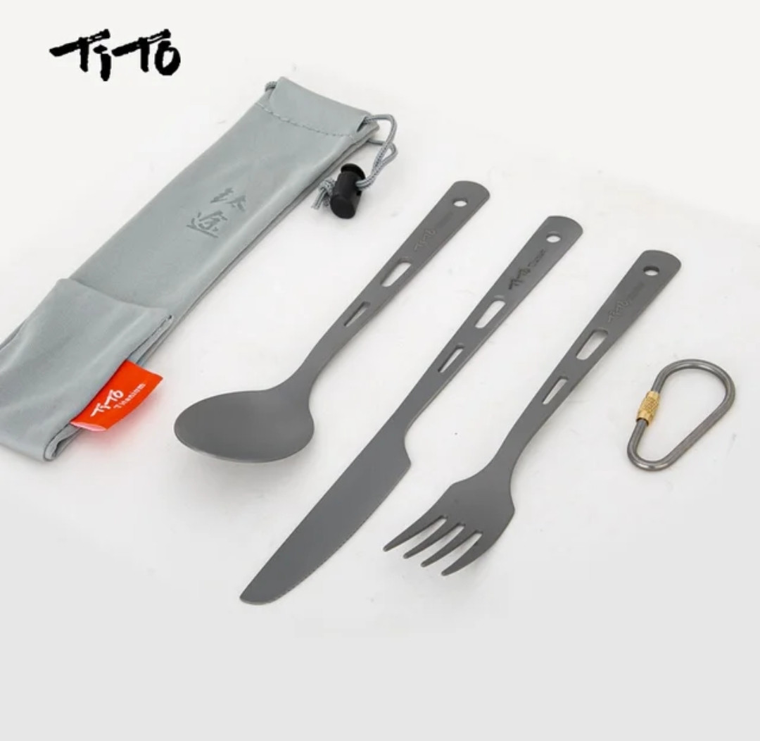 Набір столових приборів з титану: ложка, виделка, ніж, карабін Tito, фото 1