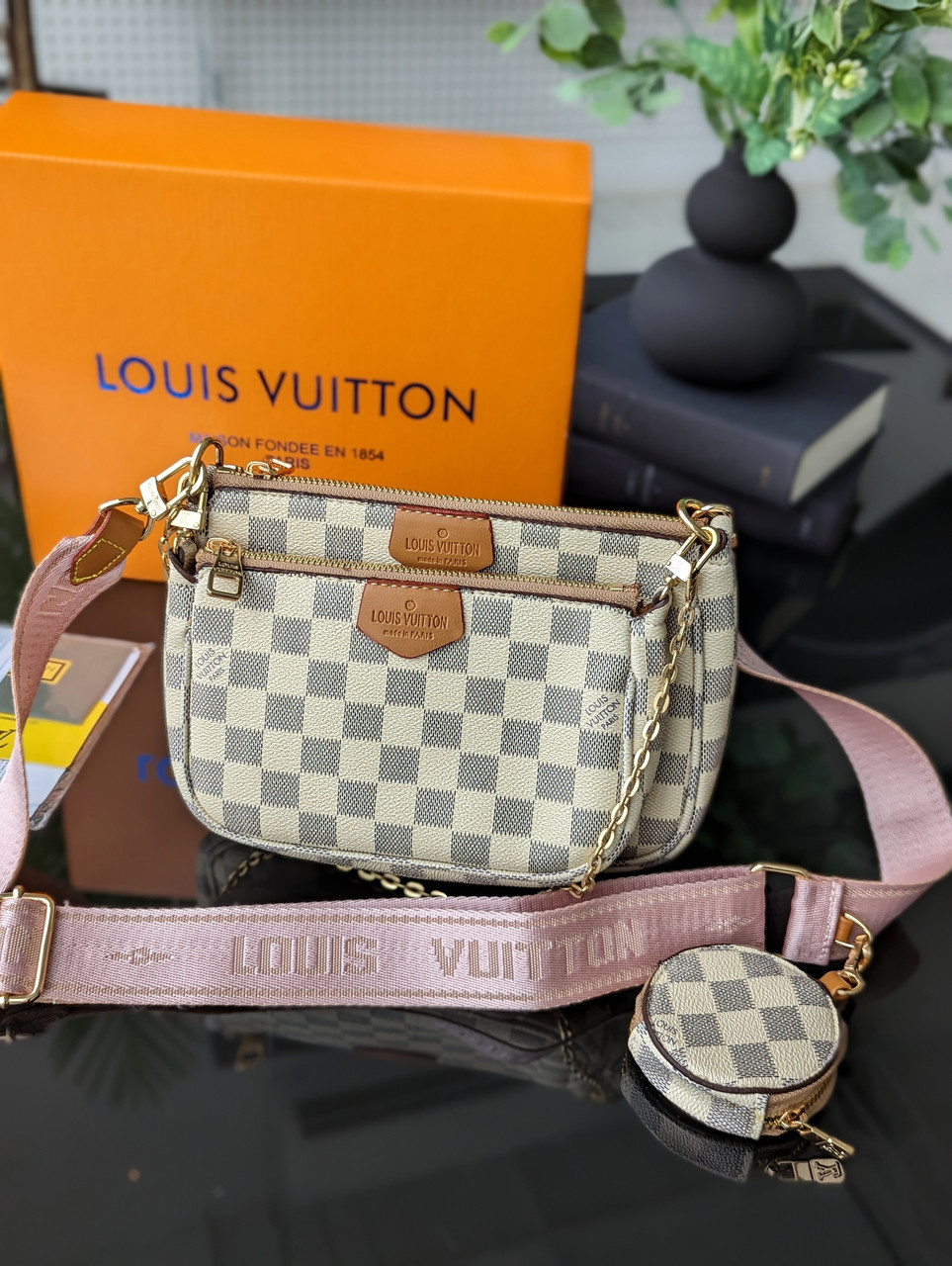 Сумка жіноча Луї Вітон/Louis Vuitton 3 в 1 стиль ЛЮКС бежевий у клітинку, фото 1
