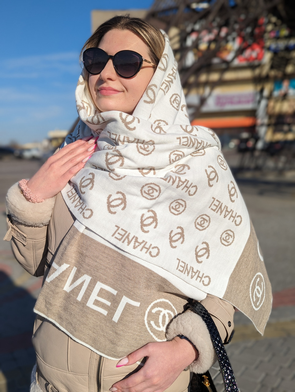 Палантин Chanel Женский Шарф двухсторонний Шанель белый мокко