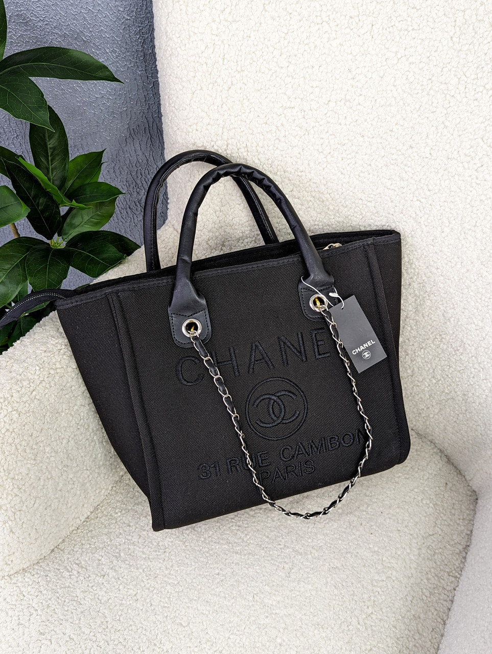 Сумка жіноча шопер Chanel Deauville Large Шанель чорний + чорні літери, фото 1