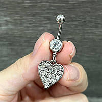 Пірсинг для пупка з підвіскою "Сяюче серце" та цирконами сережка навела медична ювелірна сталь