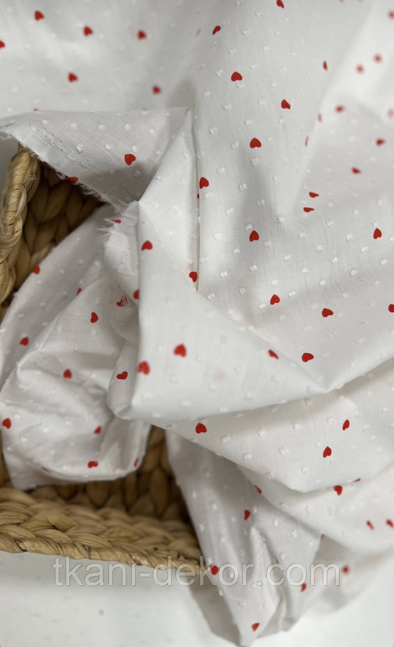 Батист (бавовняна тканина ) червоні сердечка на білому (0,80*150), фото 1