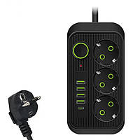 Мережевий фільтр F09U на 3 розетки + 4 USB + Type C 2500 Вт кабель на 2 м Black