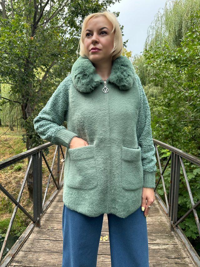 Куртка жіноча осіння з вовни "Альпака" з коміром (Колір  м'ята)