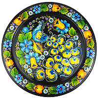 Тарілка Петриківський розпис ЖОВТО-БЛАКИТНИЙ ПТАХ ручної роботи з дерева 30 см Український сувенір