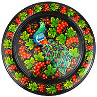 Тарілка Петриківський розпис БЛАКИТНИЙ ПТАХ І КАЛИНА ручної роботи з дерева 30 см Український сувенір