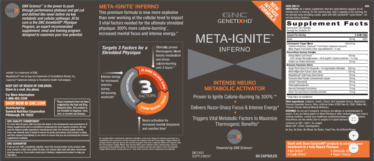 GNC Meta-Ignite Inferno 60 caps - фото 2 - id-p437155627