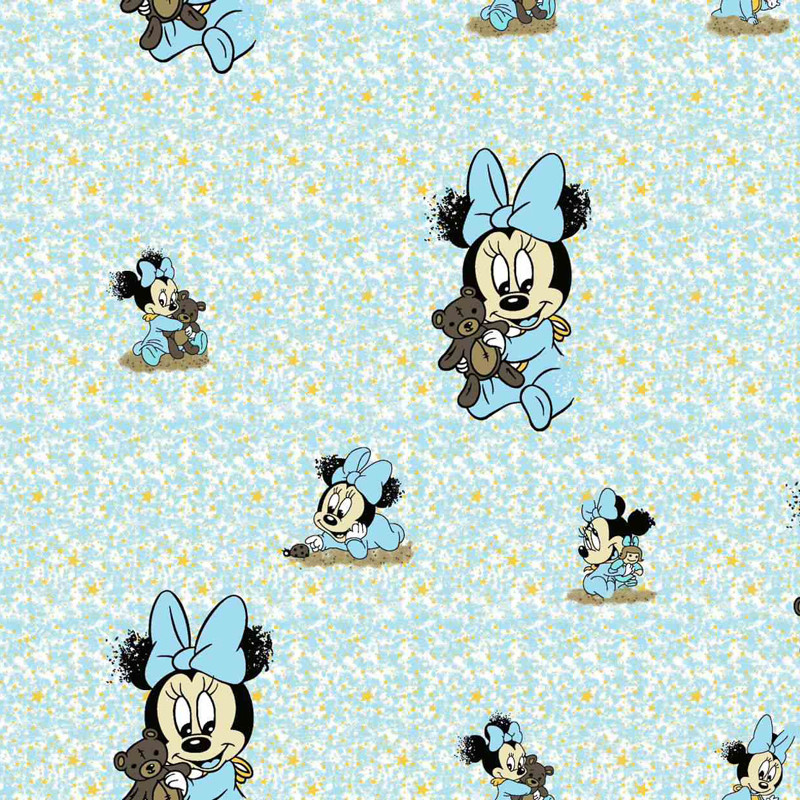 Дитяча постільна бавовняна тканина 180 см набивна блакитна Фланель (байка) з принтом герої мультфільмів Мінні Маус, у рулоні 40 м