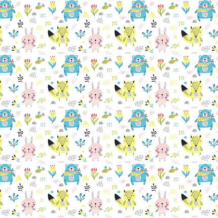 Білоземельна тканина фланель (байка) дитяча 180см із принтом лісові звірята для пелюшок, бортиків, постільної білизни в рулоні 40м, фото 1