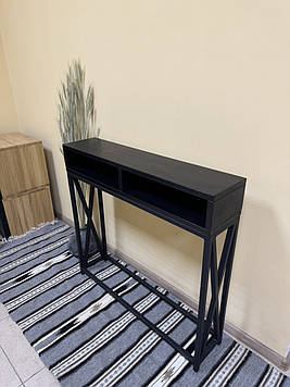 Вузька консоль в передпокій коридор, чорна, дерев'яна, з металевими ніжками
