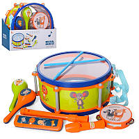 Набір дитячих музичних інструментів 5805E, барабан, маракас, бубон, гармошка, дзидка
