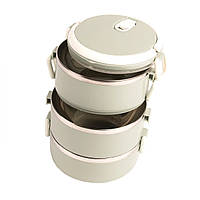 Термо ланч бокс трисекційний круглий 1500 мл Сіро-зелений, термолотки для їжі з нержавіючої сталі