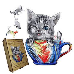 Пазл дерев'яний головоломка Чарівне Кошеня в чашечці, А5, Картонна коробка