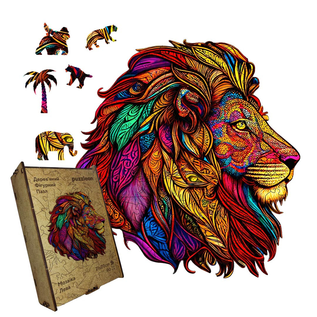 Пазл дерев'яний головоломка Мозаїка Лева, А4, Картонна коробка, фото 1
