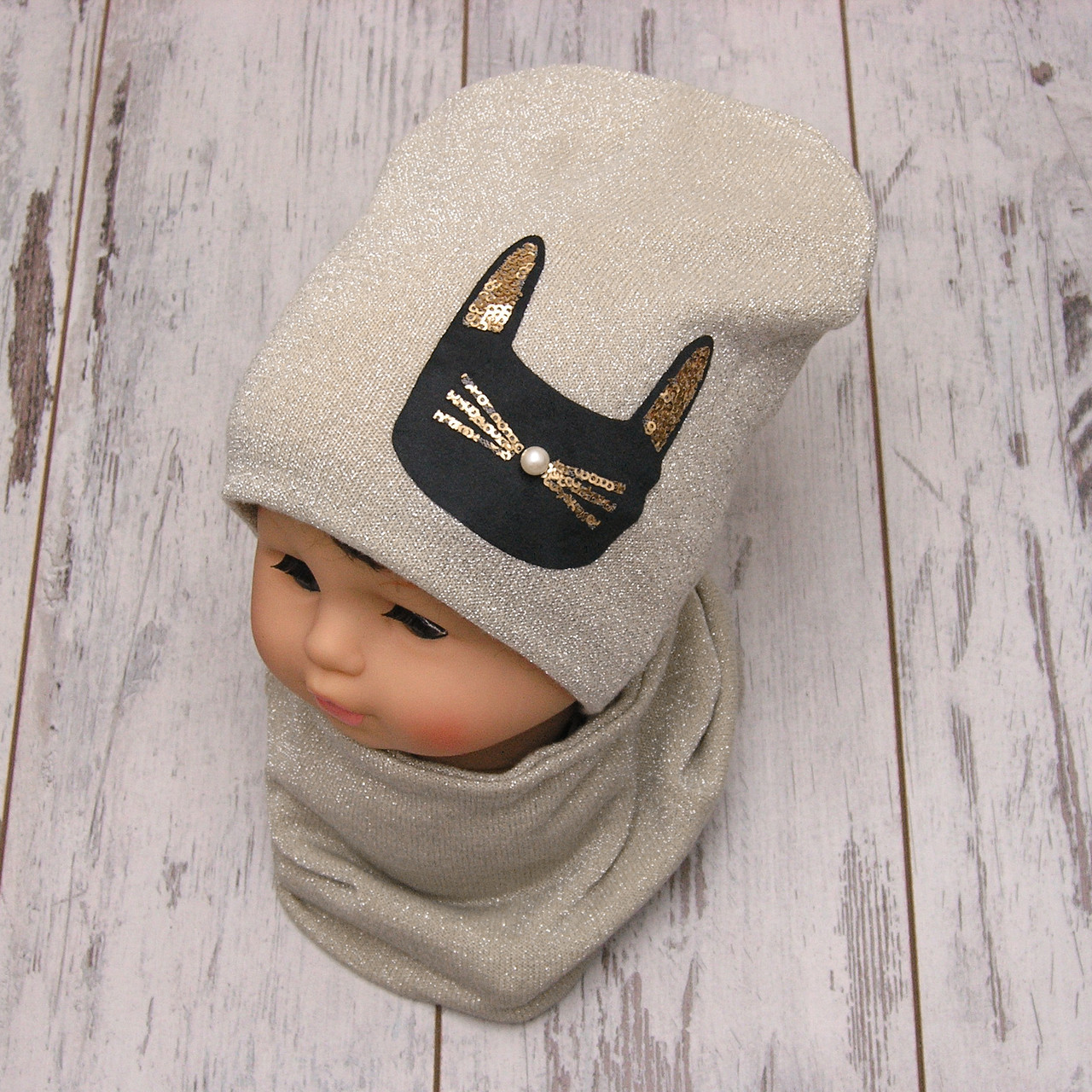 Комплект 46-50 1-3 роки подвійна трикотажна шапка зі снудом/хомутом/шарфом для дівчинки на весну осінь 4361 БЖВ