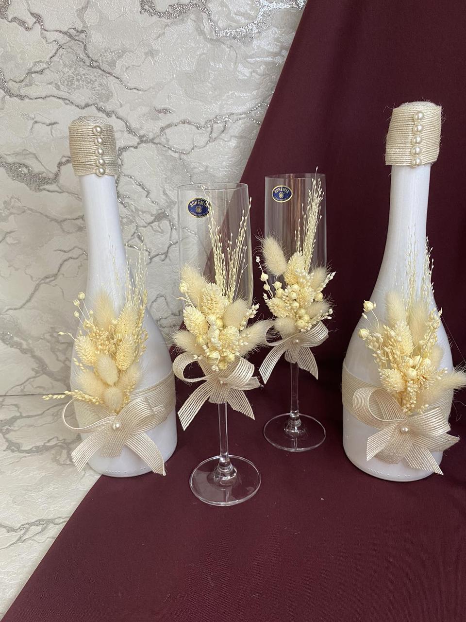 Весільний комплект - бокали, шампанське з декором, фото 1