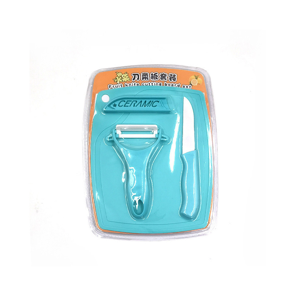 Ніж кухонний з овочечисткою (кераміка) і обробною дошкою. Набір 3 шт. Блакитний