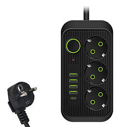 Мережевий фільтр F09U на 3 розетки + 4 USB + Type C 2500Вт кабель на 2м Black