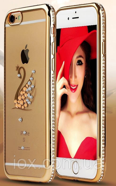 Золотистый силиконовый чехол Лебедь с камнями Сваровски для iPhone 7 и iPhone 8 (4.7")