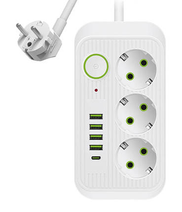 Мережевий фільтр F09U на 3 розетки + 4 USB + Type C 2500Вт кабель на 2м White, фото 1