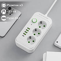 Мережевий фільтр F09U на 3 розетки + 4 USB + Type C 2500Вт кабель на 2м White, фото 5