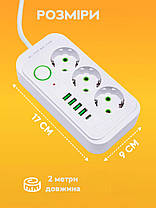 Мережевий фільтр F09U на 3 розетки + 4 USB + Type C 2500Вт кабель на 2м White, фото 6