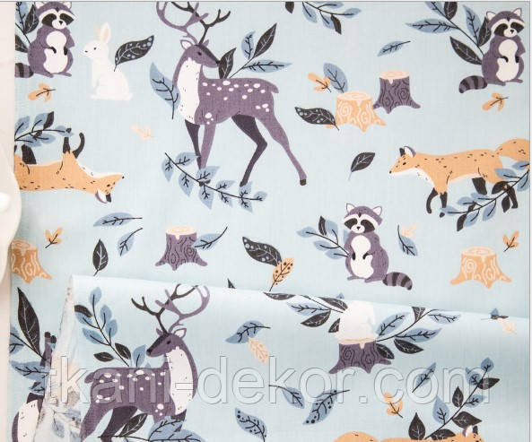 Сатин (бавовняна тканина) оленя, лисиці, зайці на блакитному (0,80*160), фото 1
