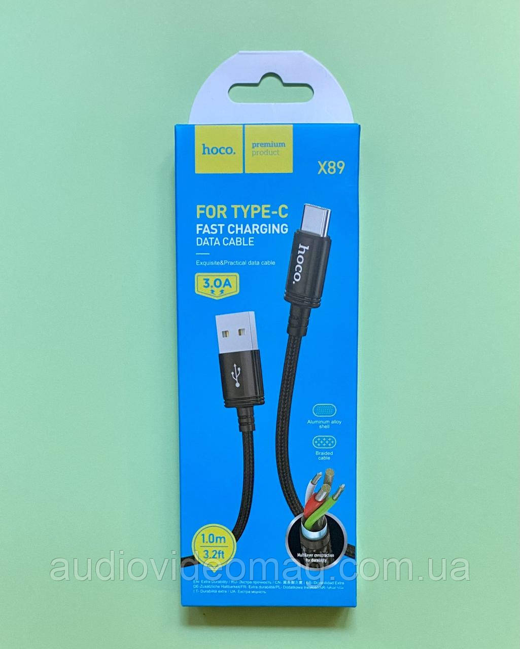 Кабель USB на USB type-C Data, 3А, тканеве обплетення, 1 метр, чорний, фото 1