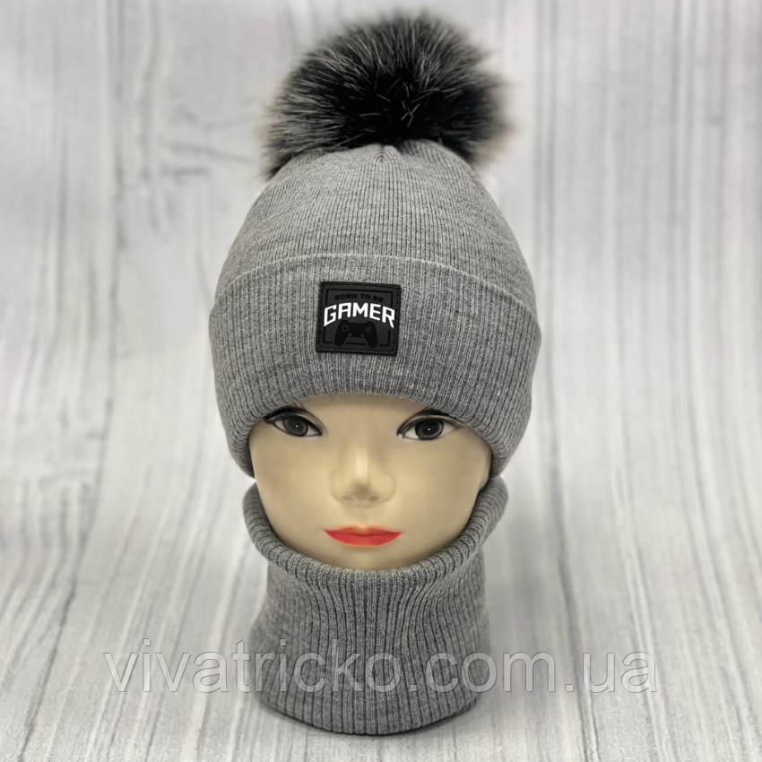 М 90056 Комплект для хлопчика:  шапка  на флісі  з вушками і помпоном   і хомут,  3-10 років, різні кольори, фото 1