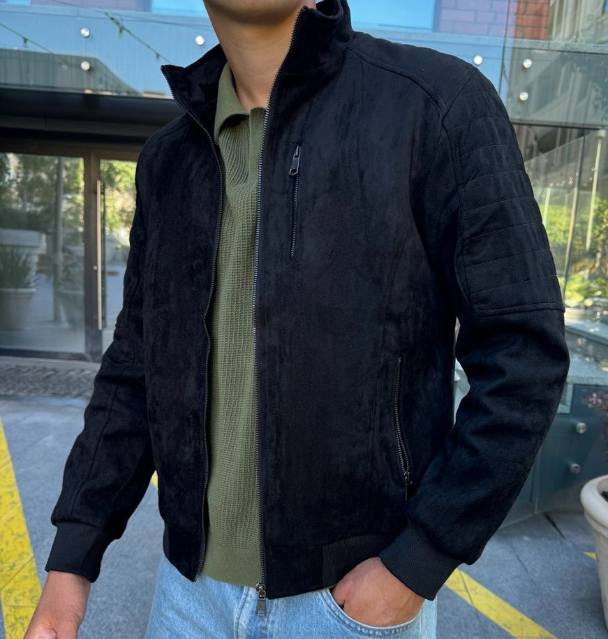 Чоловіча куртка замшева весна-осінь з теплою підкладкою чорна Туреччина. Фото в живу, фото 1