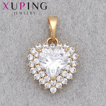 Кулон женский Xuping Jewelry медицинское золото сердечко с белыми переливающимися кристаллами изделия 15х13 мм, фото 1