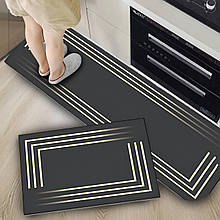 Комплект вишуканих безворсових килимків з гумовим дном для кухні 0495-5 Чорний в полосу з зеленим відтінком (1142)