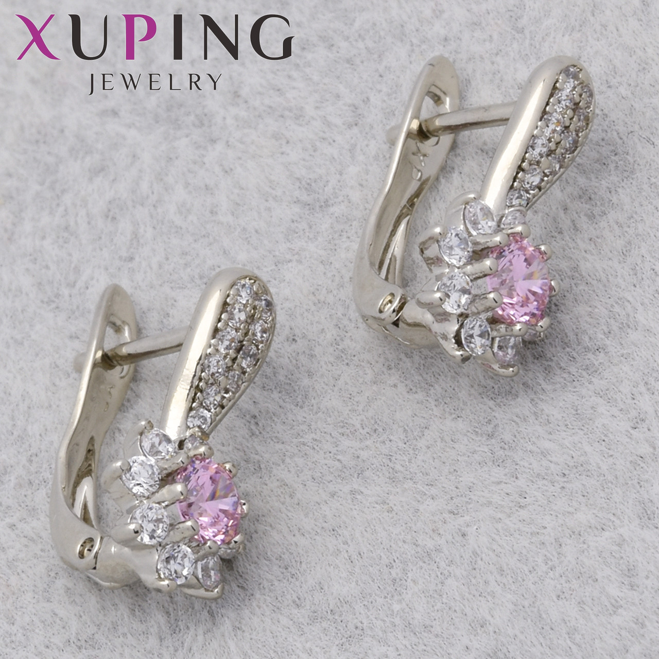 Серьги женские позолота фирма Xuping Jewelry родий английская застёжка с розовым цирконом размер 15х7 мм