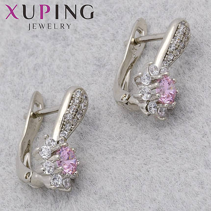 Серьги женские позолота фирма Xuping Jewelry родий английская застёжка с розовым цирконом размер 15х7 мм, фото 1