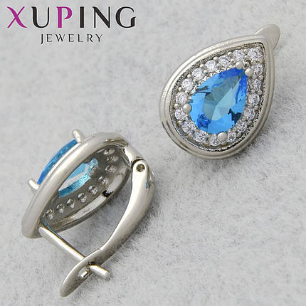 Серьги женские позолота фирма Xuping Jewelry родий английская застёжка с голубыми кристаллами размер 12х10 мм, фото 1