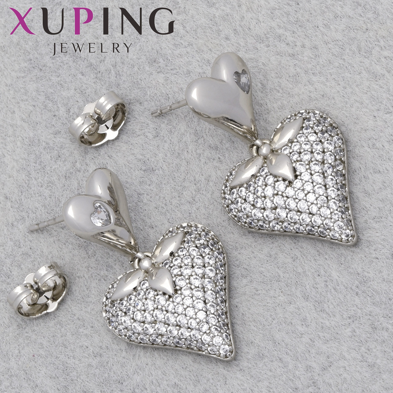 Серьги женские позолота фирма Xuping Jewelry родий гвоздики пуссеты сердечки с камнями размер изделия 30х15 мм