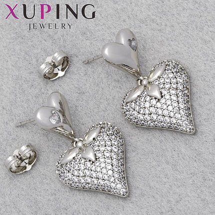 Серьги женские позолота фирма Xuping Jewelry родий гвоздики пуссеты сердечки с камнями размер изделия 30х15 мм, фото 1