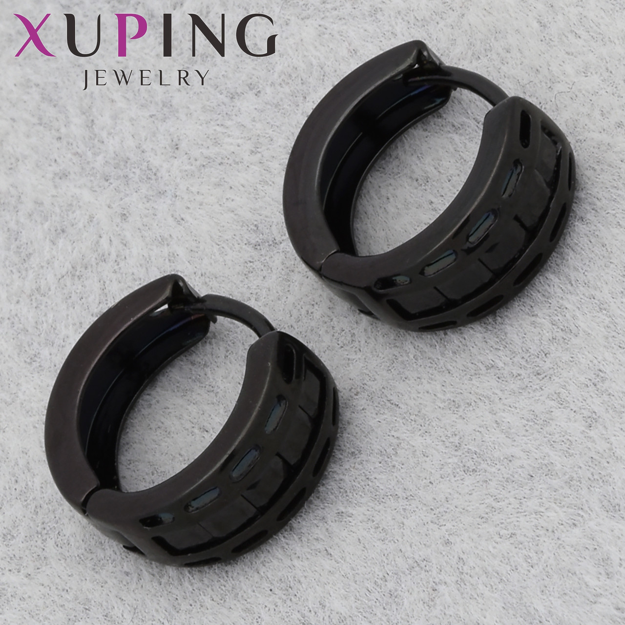 Серьги женские фирма Xuping Jewelry родий кольцо конго черного цвета с узорами диаметр кольца 13 мм