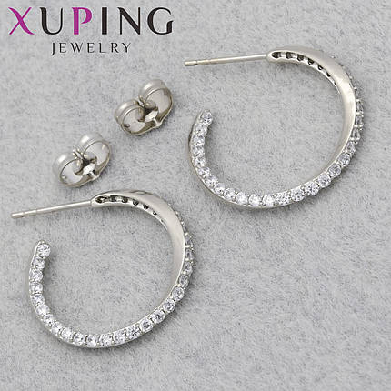 Серьги женские позолота фирма Xuping Jewelry родий гвоздики пуссеты с белыми стразами диаметр кольца 20 мм, фото 1