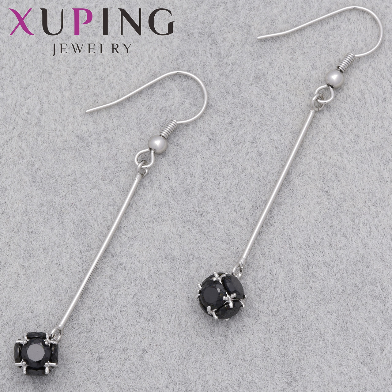Серьги женские фирма Xuping Jewelry родий застёжка петля висюльки с черными кристаллами длина 60 мм