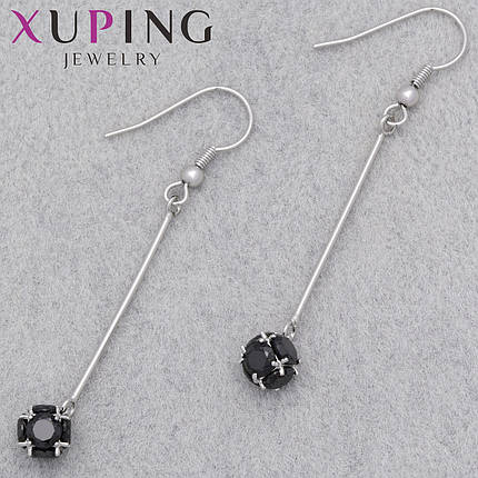 Серьги женские фирма Xuping Jewelry родий застёжка петля висюльки с черными кристаллами длина 60 мм, фото 1