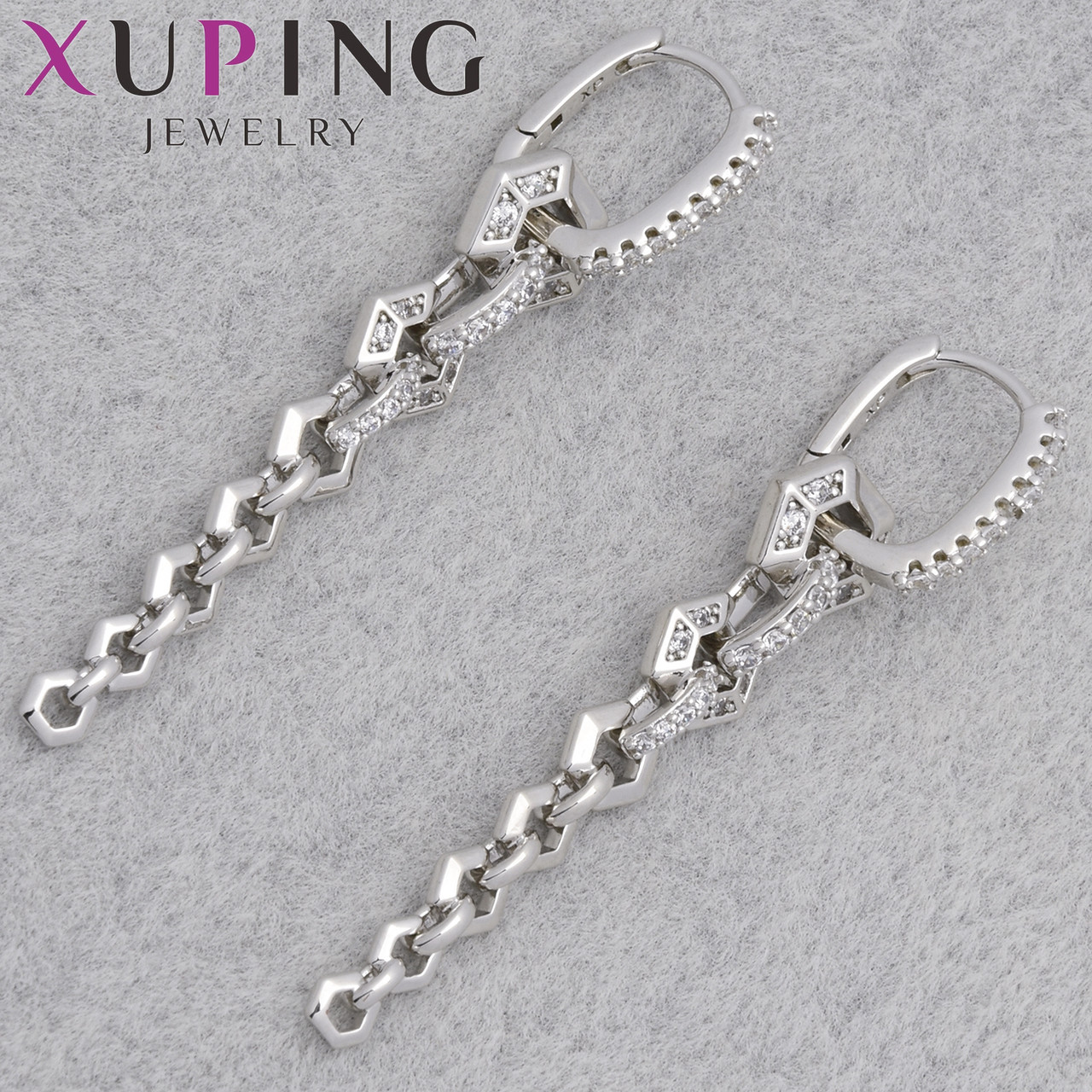 Серьги женские фирма Xuping Jewelry медицинское золото родий кольцо конго с белыми стразами длина 50 мм