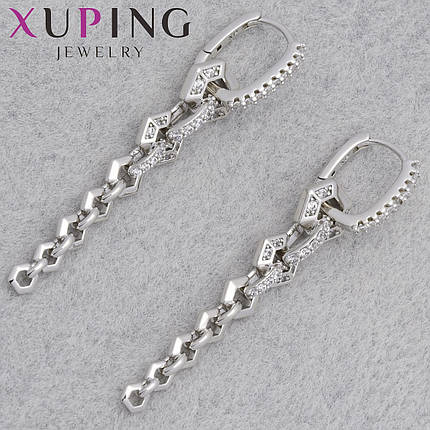Серьги женские фирма Xuping Jewelry медицинское золото родий кольцо конго с белыми стразами длина 50 мм, фото 1