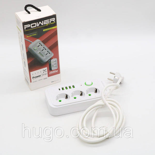 Мережевий фільтр 2м, 3 розетки, 4хUSB, 1хType-C, F09U, Білий