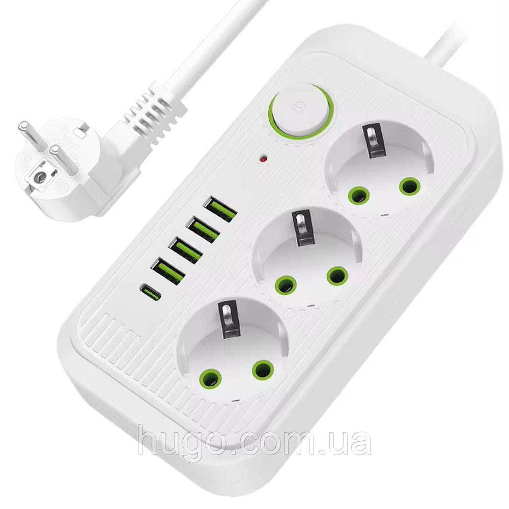 Мережевий фільтр 2м, 3 розетки, 4хUSB, 1хType-C, F09U, Білий / Мережевий подовжувач з usb / Переноска розетка