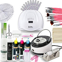 Великий стартовий набір для манікюру для початківців з лампою Sun X 54 Вт та фрезером Nail Drill ZS-606 65 Вт 45000 об/хв