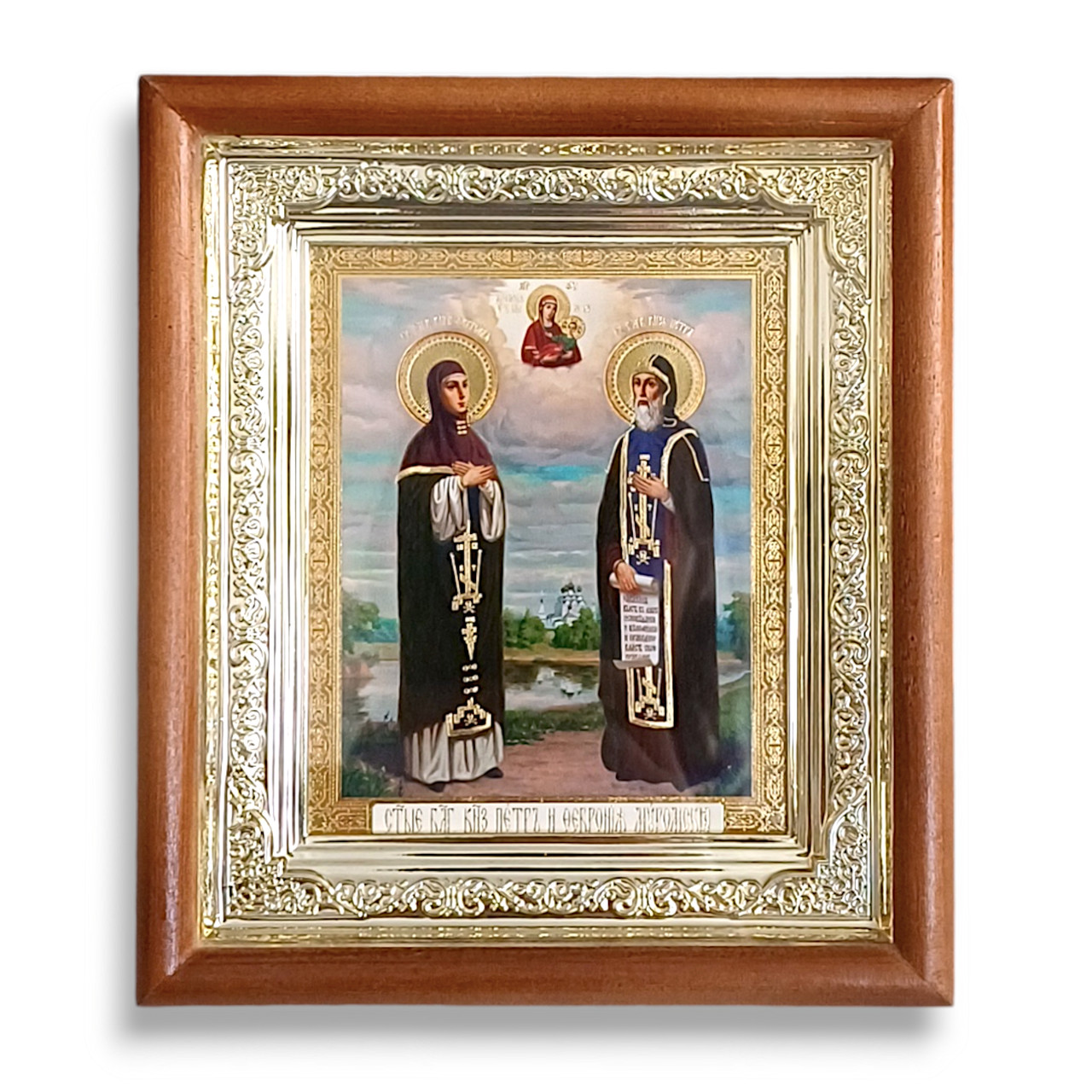 Ікона Петро і Февронія Муромські святі, лик 10х12 см, в світлому прямому дерев'яному кіоті