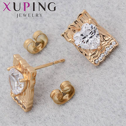 Серёжки Xuping Jewelry медицинское золото 18К гвоздики пуссеты с хрустальными белыми сердечками размер 12х8 мм, фото 1